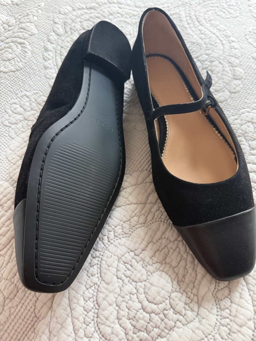 Boden Black Suede Mary Jane Flats with Leather Cap Toe